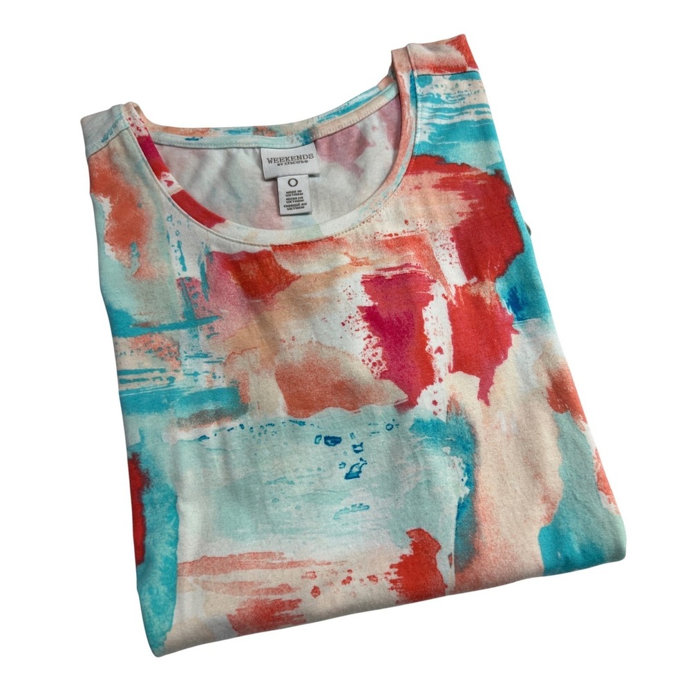 Chico's Weekends T-Shirt Womens 0 Multicolor Abstract Short Sleeve High Low A11
